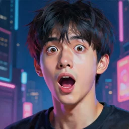 beautiful lifelike studio close - up painting of a shocked!!!!! expression male teen anime protagonist with open mouth, in a neon nighttime city. perfectly shaded lighting, expressive!!!! creative!!!!! very very coherent, trending on artstation, greg rutkowski, hyper detailed, 4 k, high quality, smooth, sharp focus
