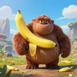 a landscape photograph of a chubby furry banana animal involved in a dramatic epic scene, pixar, octane render, concept art, elder troll