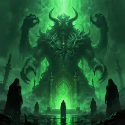 a giant shrine to cthulhu, shadowy figures standing around, lovecraftian, green ambient light, fog, rain, digital art, trending artstation