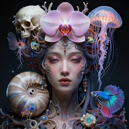 goddess close-up portrait. chimera orchid jellyfish phoenix head, nautilus, skull, betta fish, bioluminiscent creatures, intricate artwork by Tooth Wu and wlop and beeple. octane render, trending on artstation, greg rutkowski very coherent symmetrical artwork. cinematic, hyper realism, high detail, octane render, 8k
