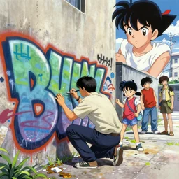 a scene where a graffiti artist is tagging a wall, digital painting masterpiece, painted by joji morikawa, by osamu tezuka, by yukito kishiro, by ikuto yamashita, 4 k wallpaper, beautiful, gorgeous