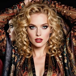 portrait of sexy provocative girl covered in ornamental silks, witch goddes costume, blonde, curly hair, clean face, slutty make up, symmetrical face, looking straight, smooth skin, jewelry, ecstasy, cute, fashion editorial photography, from vogue magazine, ultra realistic, reflections, from eyes wide shut movie