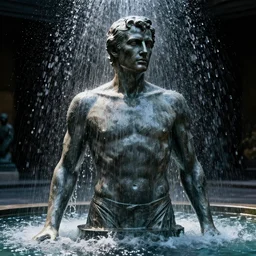 full shot of a water sculpture of a man, photorealistic, cinematic lighting, 8 k, extremely detailed photograph by helmut newton