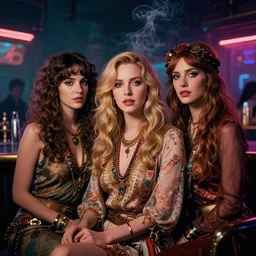 sophisticated portrait of christina hendricks brie larson kat dennings, 1 9 8 0 s flower power hippy, very smoky cyberpunk paris bar, elegance, highly detailed, shallow depth of field, artstation, artgerm, moebius, dark cyberpunk neon atmosphere, donato giancola and joseph christian leyendecker