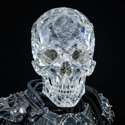 crystal skull cyborg warrior, mysterious photo realism, style of javier manzano, flash photo