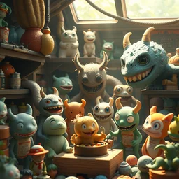 toy factory to create cute monsters and creatures, natural lighting, playful color scheme, intricate details, matte painting, illustration, by hayao miyazaki