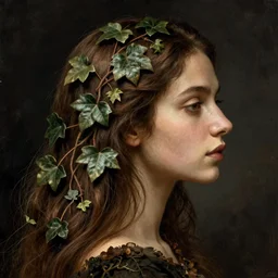 a woman's face in profile, long hair made of intricate decorative ivy, in the style of the dutch masters and gregory crewdson, dark and moody