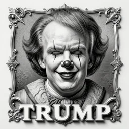 portrait of!!! [ trump ]!!! as ( ( ( pennywise ) ) ), album cover, graphite, monochrome, high contrast, 2. 5 d, perfectionism, ray tracing global illumination, insanely detailed and intricate, hypermaximalist, elegant, ornate, hyper realistic, super detailed