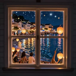 A town lit up window by window above the shimmering tides where lanterns nodded and glided and deep horns bayed weird harmonies, and itself become a starry firmament of dream, redolent of faery music