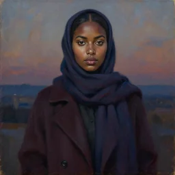 dreamy detailed portrait in femininity, realistic sculpted features, ethnic, melanin, deep clear eyes, statuesque, coat and scarf, brushy impressionism, twilight, chiaroscuro, islamic color palette, contemporary fashion, deep rich hues, oil on canvas