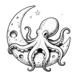 relaxed octopus on moon, black and white ballpen drawing, stars