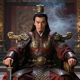 moody portrait of a tai warlord sitting gracefully in throne in royal hall. 3 0 years old. camera is right in front of him. very beautiful and handsome symmetric face. he has serious expression. he is staring right into camera. he is wearing traditional costume and leather armor and bronze headdress. he is holding a iron dagger in his hand. smoke machine effects, the light is