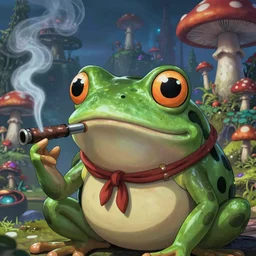 A close up pfp of a horrifying psychedelic godlike anthropomorphic frog smoking an anime blunt , magic mushroom village in background . award winning. superb resolution. in the art style of junji Ito and greg rutkowski . Detailed Mushroom city in background. Hyper realistic anime. Perfect art. Dalle2