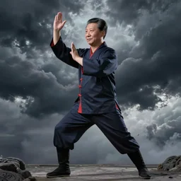 full body xi jinping wearing an akatsuki robe forming jutsu, dramatic lighting, dark clouds