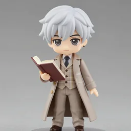 nendoroid aziraphale from good omens, holding a book, good omens tv series, white curly short hair, beige suit, long coat, light brown tartan vest, no glasses, michael sheen