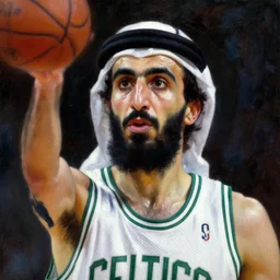 facial portrait of osama bin laden shooting free throws, boston celtics jersey, wearing a headband, sweating, focused, oil on canvas by william sidney mount, trending on artstation