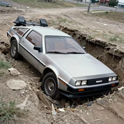 photograph of a delorean crashed into a ditch