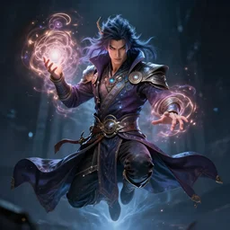 Portrait of the handsome futuristic cyberpunk wizard hero levitating majestically with glowing magic rune aura in his hands. Photorealistic, ultra high resolution, intricate details