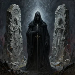 the cloaked necromancer and the mysterious satanic monolith by giger and par olofsson, center focused, stylized 8 k begotten movie, elden ring, bloodborne cinematics painting beautiful lighting