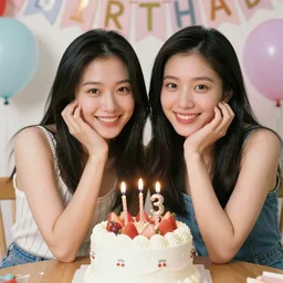 90's Professional Color Photography, Nikon, Two Asian girls smiling for the camera, birthday