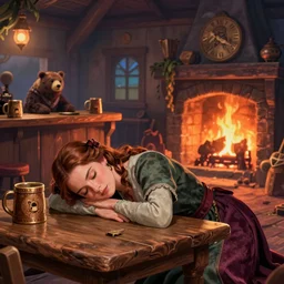 kate beckinsale sleep on the table, in fantasy tavern near fireplace, behind bar deck with bear mugs, medieval dnd, colorfull digital fantasy art, 4k