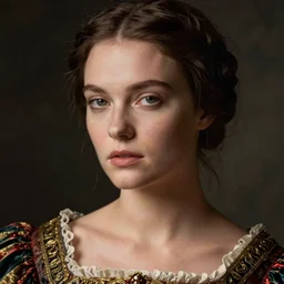 close - up portrait of beautiful model in renaissance dress, art by tim walker