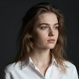 portrait of a east european young woman, beautiful face, medium closeup, messy hair, soft light, dark background, looking away, cotton shirt, by serge marshennikov