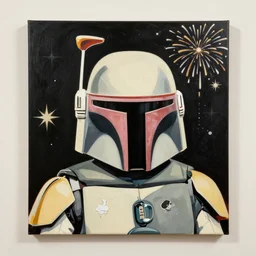 hyperrealism portrait of the boba fett, fireworks and stars on the background, canvas, acrylic paint, by roy liechtestein, by andy warhol, traditional chinese art, black and ivory palette, isometric, pop art, 4 k, ultra - hd