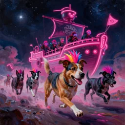 oil painting, ultra detailed, the middle view dog, run, spase dogs and punks running with neon mohawks, space, dark, stars, pink, pirate neon ship with punks on board, neon, rich deep colors masterpiece, contrast, clouds, sky, volumetric light, atmospheric lighting, dramatic, cinematic, moody, octane render 4 k, 8 k
