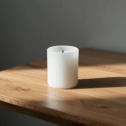a white candle on a wooden table. flat lighting