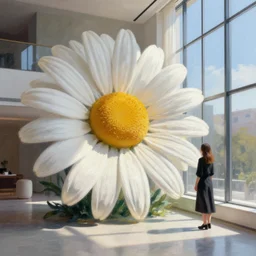 giant daisy flower head, woman in dess, standing next to modern window in luxury loft, surreal photography, sunlight, impressionist painting, digital painting, artstation, simon stalenhag