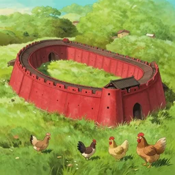 red and brown japanese fort in a meadow with chickens by studio ghibli painting