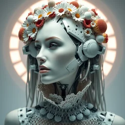 beautiful biomechanical woman portrait with a smooth porcelain ivory profile face, futuristic haute couture, iris van herpin, laser cut paper lace collar, headdress made of daisies, sponge corals, mushrooms, puffballs, white red rhizomorphs, cyberpunk metallic brackets, octane highly render, 8 k, epic lighting