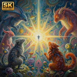 a painting of creatures in the void by alex grey, highly detailed, radiant light, intricate environment, deviantart, 4 k