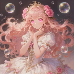 portrait of magical girl, dreamy and ethereal, expressive pose, big pink eyes, peaceful expression, ornate frilly dress, fantasy, intricate, elegant, many rainbow bubbles, rose tones, highly detailed, digital painting, artstation, concept art, smooth, sharp focus, illustration, art by artgerm and greg rutkowski and alphonse mucha