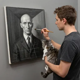 painting of a man holding a cat and paintbrush with a painting of a painting of himself painting, by escher