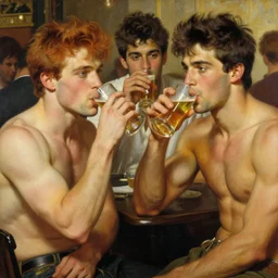 attractive muscular mike with ginger hair and muscular attractive ty with brunet hair, drinking their hearts out, boys night out. highly detailed painting by gaston bussiere, craig mullins, j. c. leyendecker, alphonse mucha 8 k