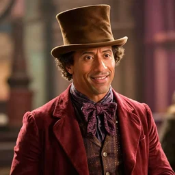 Film still close-up shot of Dwayne Johnson as Willy Wonka from the movie Willy Wonka & The Chocolate Factory. Photographic, photography