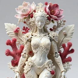 intricate hyper detailed ultra sharp focus front shot 3 d render of a beautiful porcelain ivory fair seductive woman, close - up, bright 3 point light, f 2. 8 1 5 0 mm, sharp focus, alexandre ferra georg loschner raspberry omnious elegant mecha, bionic cyberpunk mechanical sci - fi haute couture fractal mycelum and fungi filigree lace, rasberry red sponge corals, huge magnolia goliath head ornaments, big embroidered leaves sinuous roots, octane render, pearls, volumetric cinematic lighting, 8 k,