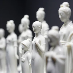 A crowd of white porcelain people figurines close up, tilt shift, reflections, Canon TS-E 17mm f/4, pristine quality wallpaper