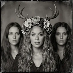 beautiful female character inspired by iceland and floral headdress mariah carey pagan wiccan viking antlers headdress full face candid portrait tintype damaged | | digital artwork made by greg rutswork, anna dittmann and lois van barlee, symmetrical diffused light, anatomically correct
