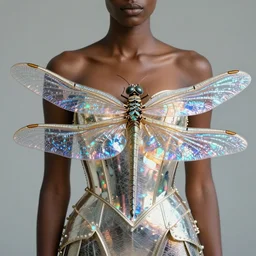 brown woman wearing a shiny dragonfly armor. iridiscent. super detailed. layered. textured. award winning. dispersion of light. refracted lighting. soft. fragile. by ray caesar. by louise dahl - wolfe. by andrea kowch. by tom bagshaw. surreal photoraphy