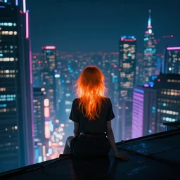 a cinematic frame of a girl from the back, she has glowing orange hair, she is sitting alone on the edge of a skyscraper, looking at the cyberpunk city skyline at night, lit by bright neon futuristic lights, hyperdetailed, 8 k