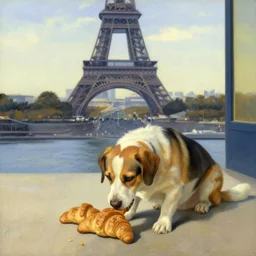 dog eating croissants in paris, by edward hopper