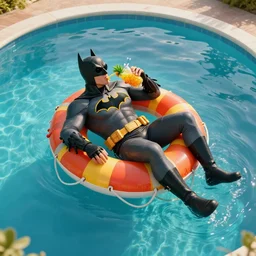 full body photo of a person cosplaying batman, he is lying over a colorful life preserver and relaxing while he is floating over a giant pool, he is drinking an exotic pineaple drink and wearing sunglasses, by jim lee, aerial view, stock photo, golden hour, high detail, unreal engine 5, trending on artstation