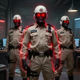 ghoul security officers with glowing red aura in beige uniforms and helmets in a brutalist office setting trending on artstation digital painting 4 k sharp detail high quality