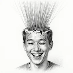 highly detailed pencil sketch of a person's head cracking open on the top, lots of long strings grow out of it. the person seems happy