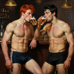 attractive muscular male with red hair, and muscular attractive male with black hair, shorts, drinking their hearts out, in a pub. very defined and highly detailed painting by j. c. leyendecker, gaston bussiere, craig mullins 8 k