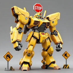 giant mecha fighter made of yellow road signs and a red stop sign on its head, character design trending on artstation, mecha, unreal engine, octane render, detailed model, hardsurface modelling, heavily stylized