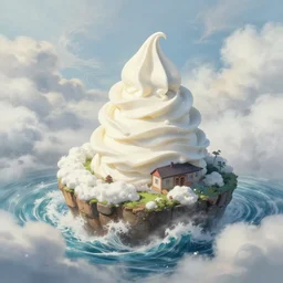 house on an island, spirals, white, fog swirly clouds, soft serve, ice cream, lush, spin, foam, braid, dreamy, whirlpool, creamy froth, volumetric light, gouache, cinematic, wide angle, octane render, high details, waves, knife painting, saturated, rhads, ghibli, trending on artstation